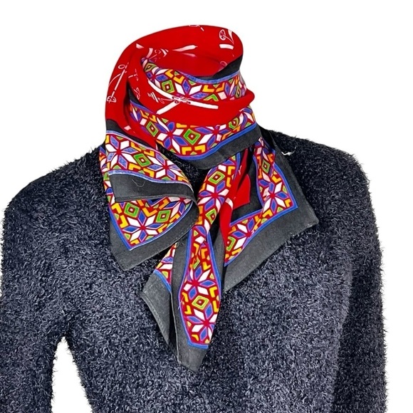 VINTAGE Glentex Multi-colored Wool Scarf White Ski Poles and Ski's - Picture 4 of 16